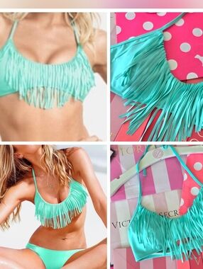 Victoria's Secret VTG Mint Green Fringed Bikini Halter Top NWOT Neon Crop Top
